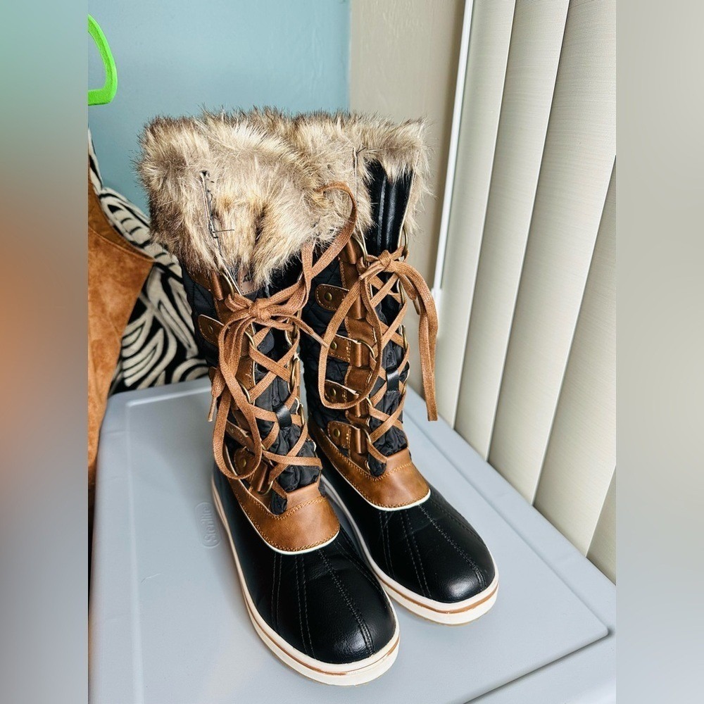 Aleader Women's Black Brown Faux Fur Snow Winter Boots Waterproof Size 8